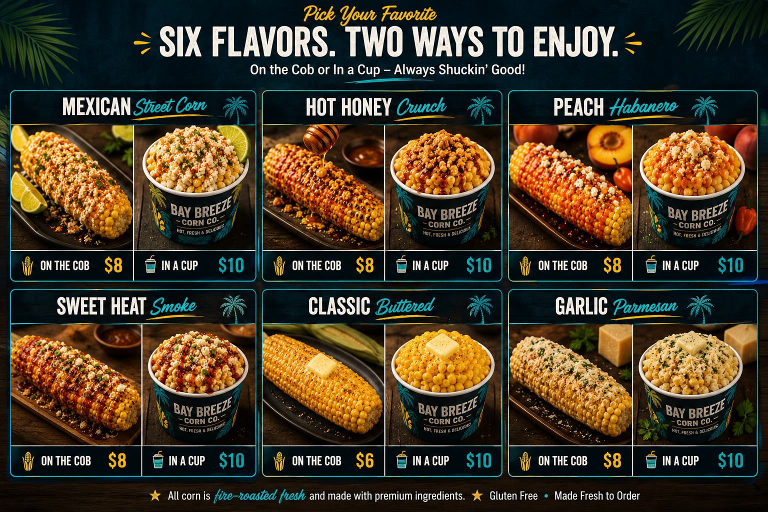Bay Breeze Corn Co. menu showing six flavors available on the cob or in a cup